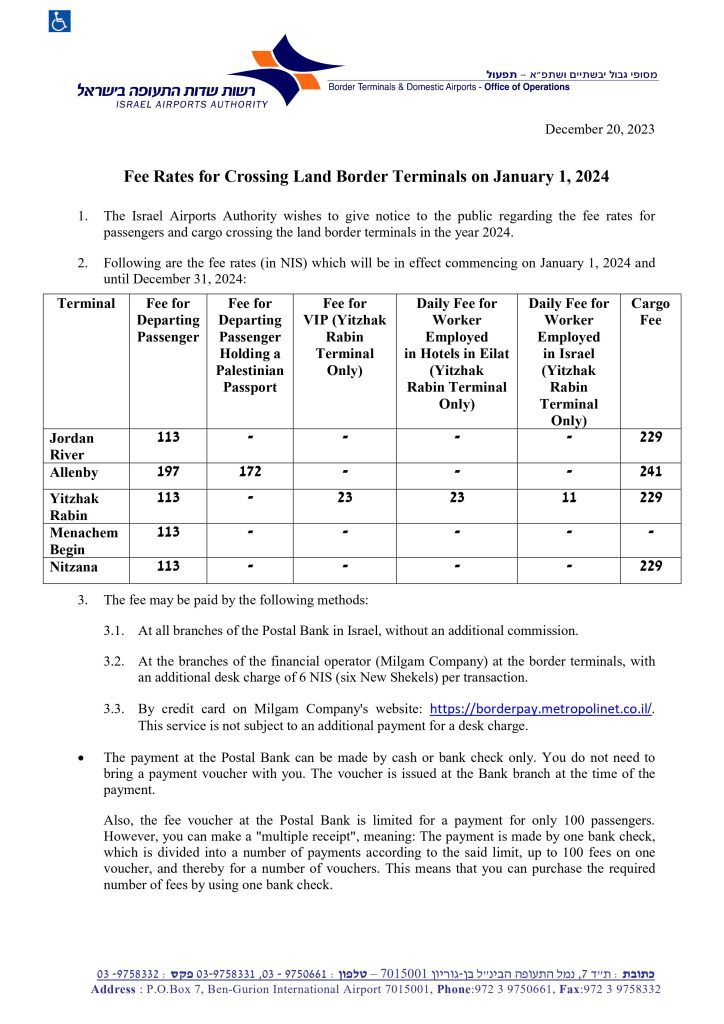 Fee rates for crossing Land Border Terminals